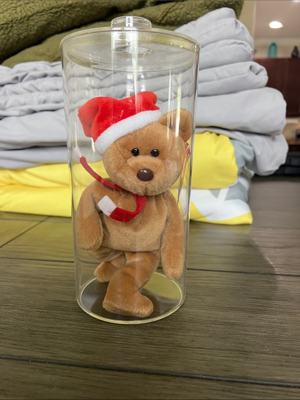 1997 Teddy. Ty Brown Plush Bear with Red Santa Hat and scarf